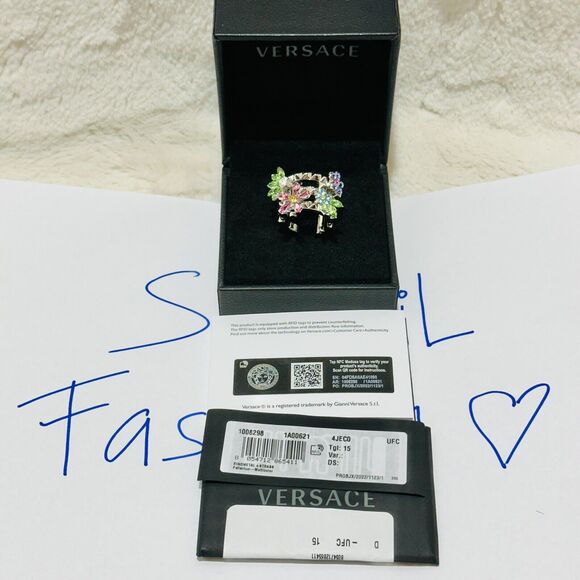 NIB Versace Silver Tone Ring 15 US 7 Greca Multi Color Crystal Flower Bloom $675 - Picture 10 of 14